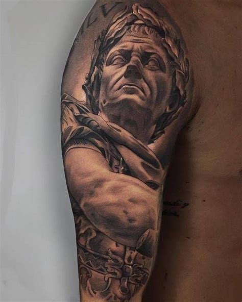 Black and grey Julius Caesar tattoo on the right upper | Half sleeve tattoo, Portrait tattoo ...