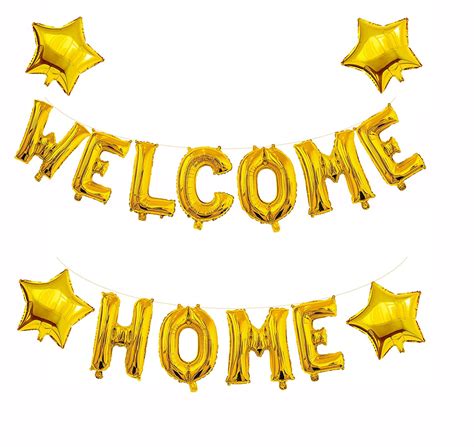 Welcome Home Decoration Letter Balloon Banner with 4PCS Star Sequin Balloons for Return Home New ...