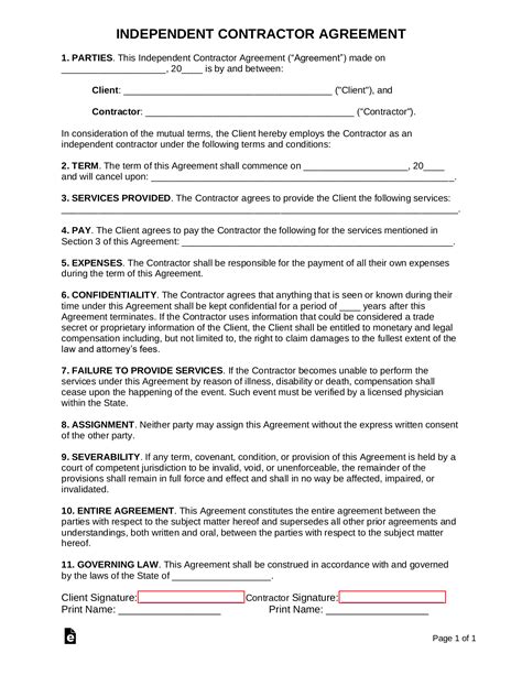 Free One (1) Page Independent Contractor Agreement - PDF | Word – eForms