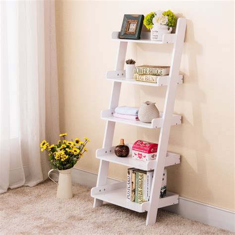 Space+ White 5-Tier Leaning Ladder Wall Shelf Bookcase Storage Bookshelf Wood... - Furniture