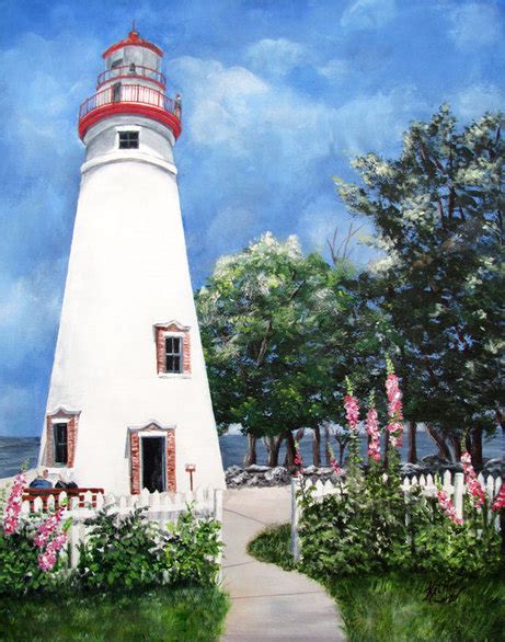 Marblehead Lighthouse and Hollyhocks - Artfully Done by Kathie