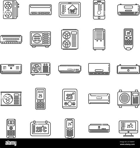 Modern climate control systems icons set. Outline set of modern climate control systems vector ...