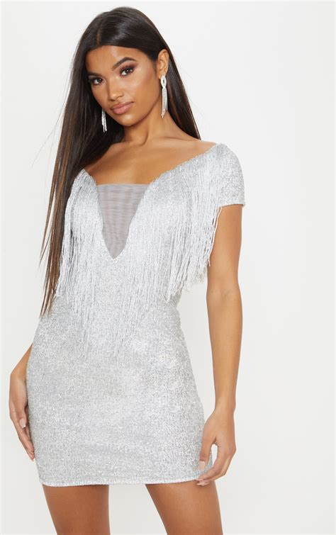 Silver Glitter Tassel Shift Dress | Dresses | PrettyLittleThing IE