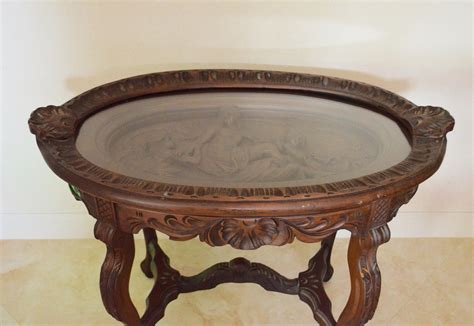 AntiqueART NOUVEAU Carved Wood Lady with Angels Glass Tray Top Coffee ...