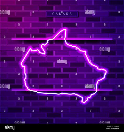 Canada map glowing neon lamp sign. Realistic illustration. Country name plate. Purple brick wall ...