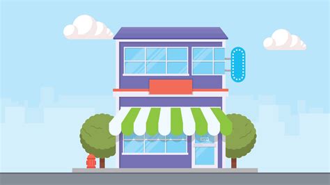 Shop building facade with big window and awning. Vector shop or market, illustration background ...