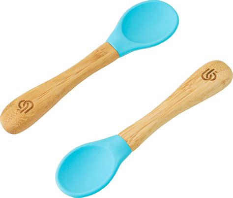 Bamboo Baby Feeding Spoons with Soft Curved Silicone Tips for Toddlers and Infants (2 Pack Blue ...