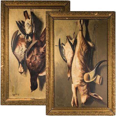 PAIR: Antique French Oil Paintings Fruits of the Hunt, Artist, Augeard. G. (?) c. 1848, Frame 25 ...