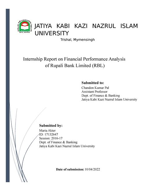 Financial Performance Analysis of RBL - JATIYA KABI KAZI NAZRUL ISLAM UNIVERSITY Trishal ...