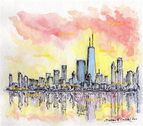 Chicago Skyline #003Z pen & ink watercolor paintings and prints