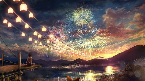 HD wallpaper: fireworks, anime art, night sky, lights | Wallpaper Flare