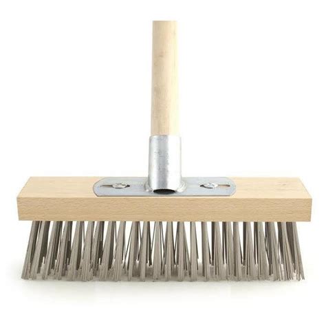 12" Metal Wire Bristle Brush Sweeping Deck Scrub Heavy Duty Broom with Handle - INYDY