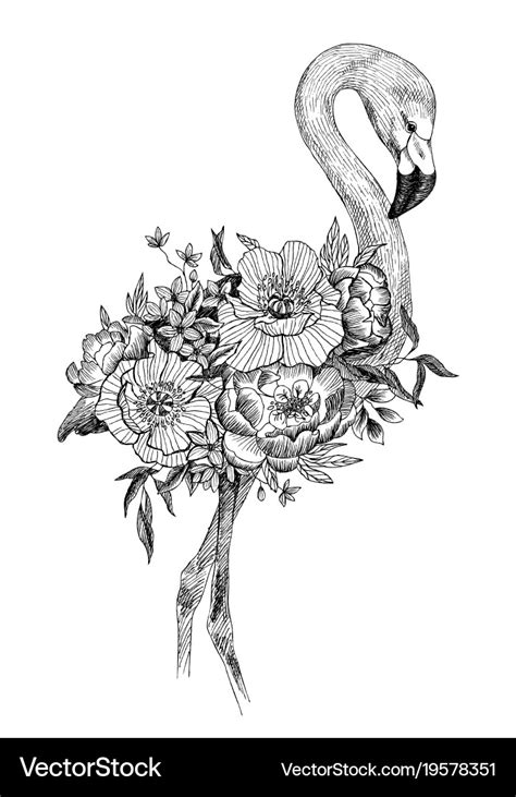 Drawing bird flamingo with blooming flowers Vector Image