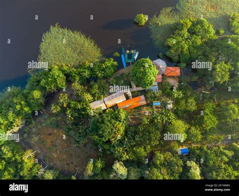 Aerial view of a local guest house in the amazon rainforest with a little pier and small wooden ...