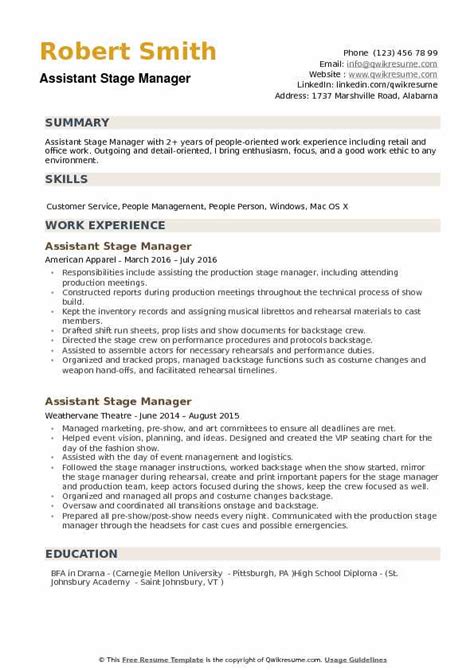 Assistant Stage Manager Resume Samples | QwikResume