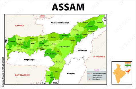 Assam map. Political and administrative map of Assam with districts name. Showing International ...