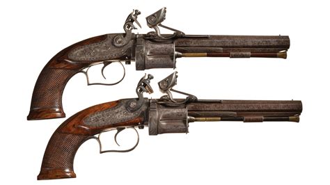 Matched Pair of E.H. Collier Revolving Flintlock Pistols | Rock Island ...