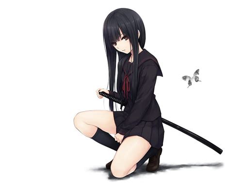 Black Katana, butterfly, blade, anime, hot, anime girl, weapon, long hair, sword, HD wallpaper ...