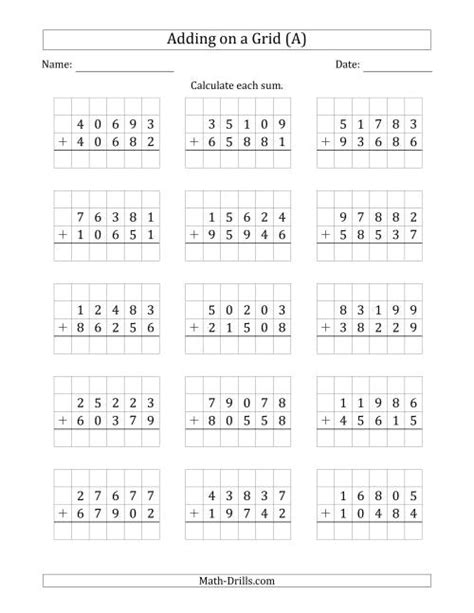 Adding 5-Digit Plus 5-Digit Numbers on a Grid (A)