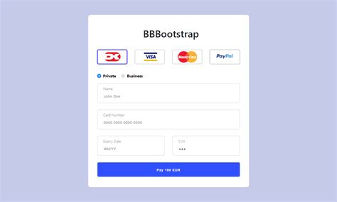 Bootstrap 4 Credit card payment form with 4 different options | Credit card payment, Credit card ...