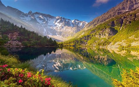 Fondos de pantalla : paisaje, bosque, montañas, lago, agua, naturaleza, reflexión, Pico nevado ...