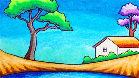 how to draw very easy scenery for kids With Oil Pastel | Drawing Simple ...