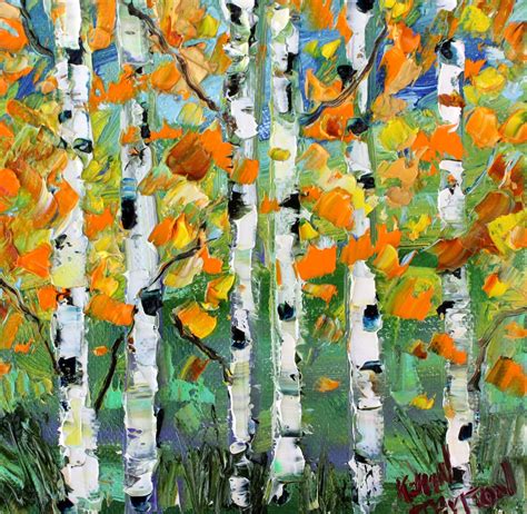 Autumn Birch trees painting, landscape art, birch tree painting original oil palette knife ...