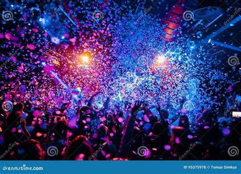 Night Club Silhouette Crowd Hands Up at Confetti Steam Stage Editorial Stock Photo - Image of ...