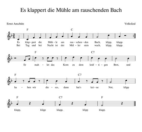 Es klappert die Mühle am rauschenden Bach - Kinderlieder - Noten - Text ...