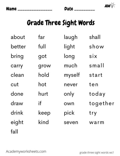 Grade 3 Sight Words - dolce learn to read - Academy Worksheets