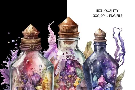 Watercolor Potion Bottles Clipart, Potion Bottle Png, Watercolor Halloween Clipart, Fantasy ...