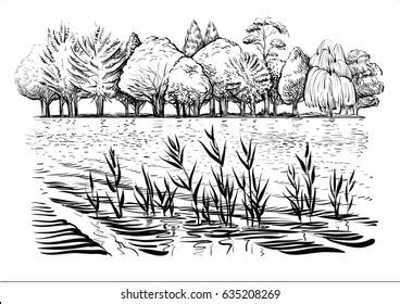 Black White Vector Illustration River Landscape Stock Vector (Royalty ...