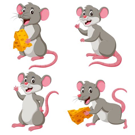 Cartoon mouse set. Grey furry rodent little rat with pink hairless tail. Vector illustration ...