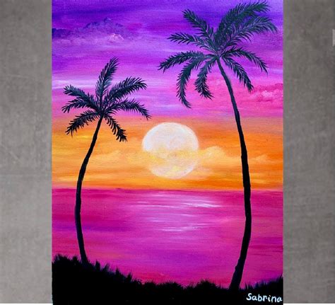 Pink Purple Sunset With Palm Trees Oil Painting on Canvas, Ocean ...