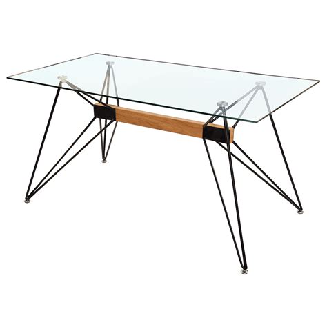 a glass table with metal legs and a wooden frame on the top, against a ...