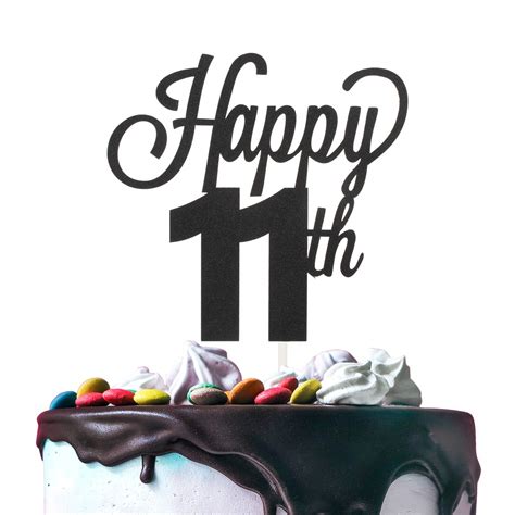 Buy LINGTEER Happy 11th Birthday Black Cake Topper - Cheers to 11th ...