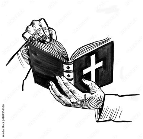 Hands holding open Bible. Ink black and white illustration Stock ...