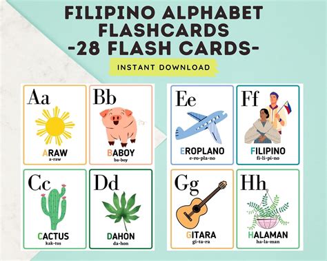 Filipino Alphabet 28 Cards Flashcards Tagalog Pronunciation, Digital Download, Filipino ...