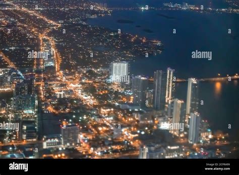 Night aerial view of Miami Beach skyline from the airplane Stock Photo - Alamy