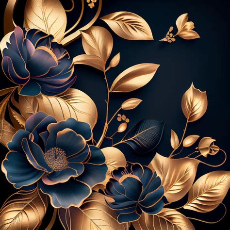 Premium Photo | Golden flowers on black background elegant floral wallpaper generative ai