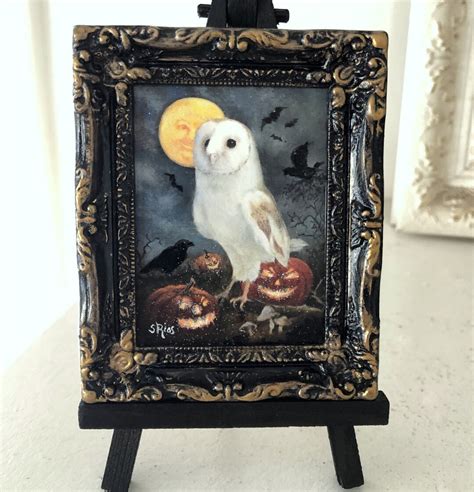 Owl and Moon Miniature Framed Art Print, Owl Painting, Moon Painting ...