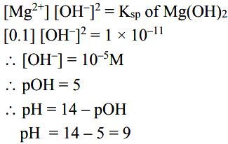 The pH at which Mg(OH)2 begins to precipitate from a solution containing 0.10M Mg^2+ ions [Kp of ...