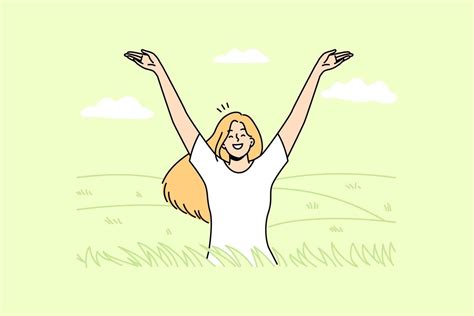 Overjoyed young woman in field feeling joyful and optimistic. Smiling girl relax in summer ...