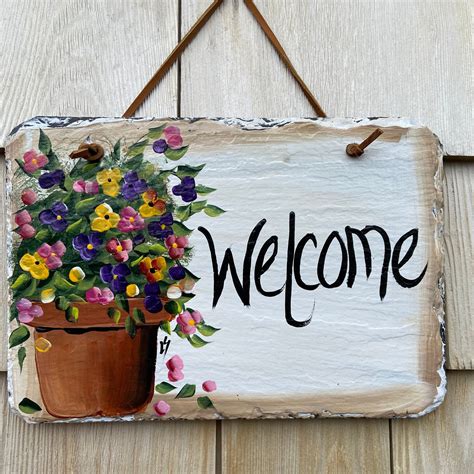 Painted slate welcome sign, garden slate sign, floral welcome plaque, Porch decor, door hanger ...