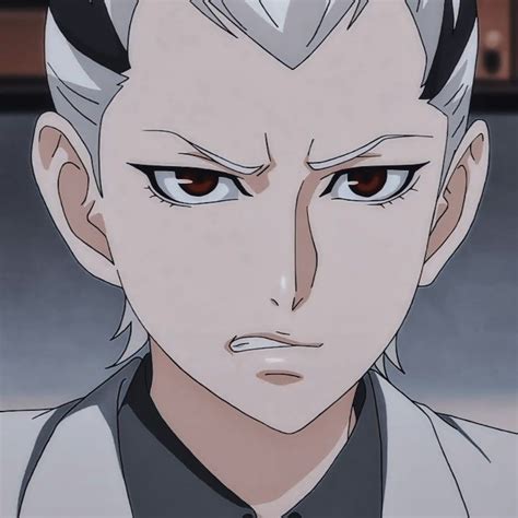 an anime character with white hair and red eyes looks at the camera while wearing a black ...