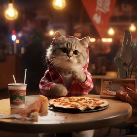 Premium AI Image | cute cat enjoying pizza in pizza shop pizza shop ...