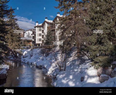 Gore Creek, Vail Village, winter, Vail Ski Resort, Vail, Colorado Stock ...