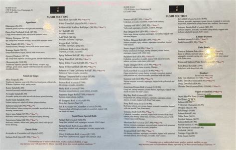 Menu at Sushi Siam restaurant, Champaign