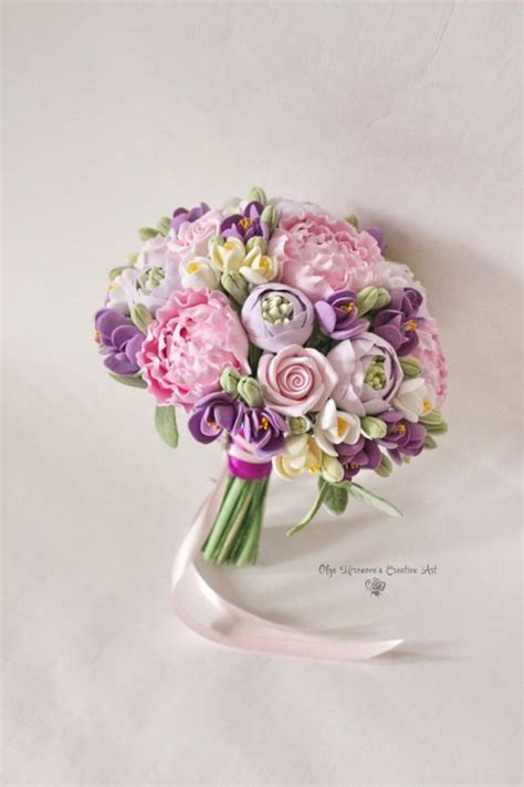 Wedding Bridal Clay Flowers Bouquet, Purple Pink Romantic Bouquet Hand ...