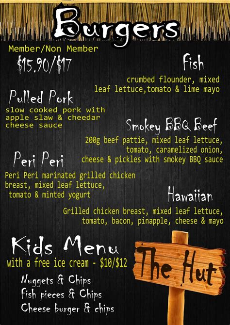 hut menu burgers - Club Narooma & Club Dalmeny